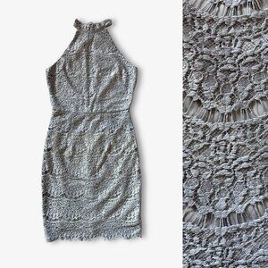 Charlotte Russe Scalloped Eyelash Lace Gray Halter Mini Dress Womens Medium Y2K
